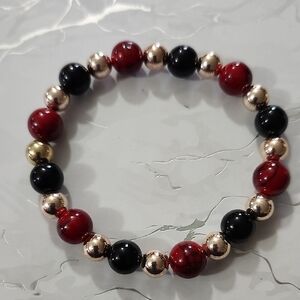 Handmade Red Quartz and Black Beaded Bracelet